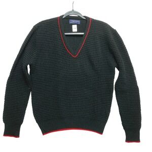 Damon Sweater Mens Medium Black Red Trim Vintage Waffle Knit Made in USA